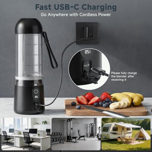 TOMUOO Portable Blender, 8 Blades Personal Size Smoothie Blender for Shakes, USB C Rechargeable Juicer Cup with LED Display, Travel Friendly Mini Mixer for Home, Office, Gym, 17oz, Black