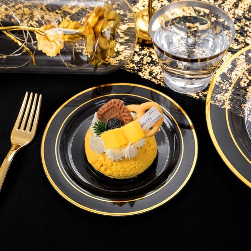 WELLIFE 600pc Gold Trim Plastic Dinnerware Set for Party: 100 Dinner Plates, 100 Dessert Plates, 300 Cutlery, 100 cups