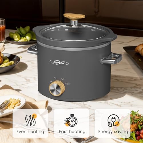 Sunvivi 2 Quart Slow Cooker, Small Slow Cooker with Removable Ceramic Pot, Slow Cookers Food Warmer with 3 Heating Settings & Dishwasher Safe Glass Lid, Grey
