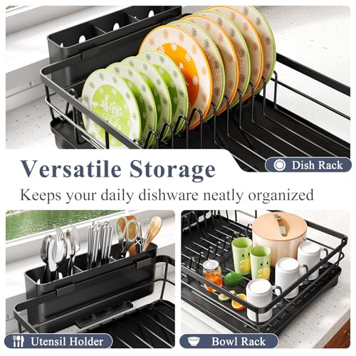 Dish Drying Rack - Rust Resistant Dish Drainer for Kitchen Counter with Drainboard & Rotating Spout, Large-Capacity Dish Rack with Removable Utensil Holder, Space-saving kitchen organizer, Black