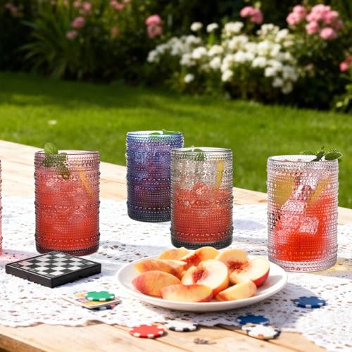 JPPSUJJ Colored Hobnail Drinking Glasses Set of 6, 15 oz Vintage Highball Glasses, Drinkware Kitchen Glasses for Cocktail, Iced Coffee, Beer, Ice Tea, Wine, Whiskey, Water