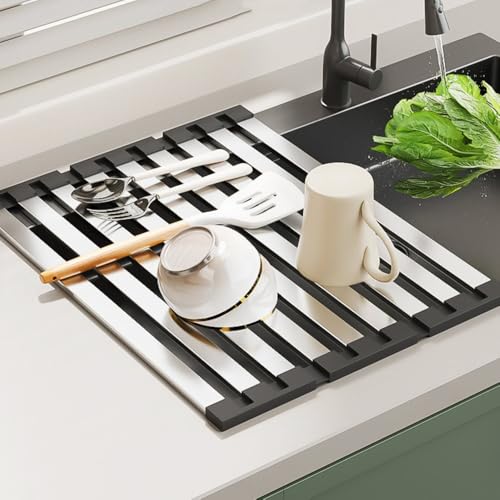 KATPOSIN Roll Up Dish Drying Rack, Over Sink Stainless Steel Rack,Foldable Kitchen Sink Mat,Kitchen Sink Drain Rack Dish Storage Rack (19.69" H x 12.8" W)