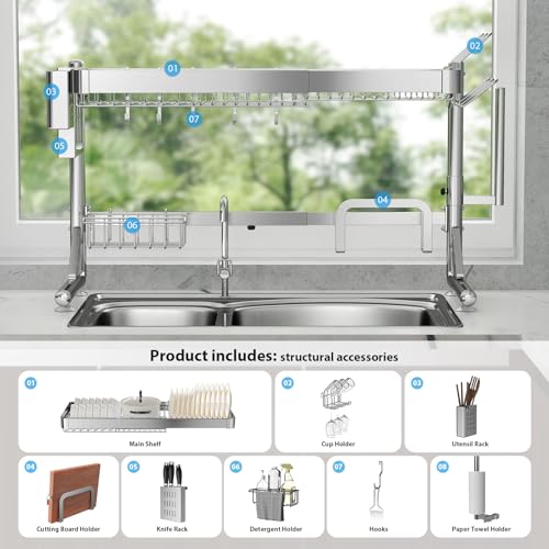 Shrivee Over The Sink Dish Drainer Drying Rack, 2 Tier Adjustable Width (20.87'' to 37.6'') 304 Stainless Steel Large Over Sink Dish Drying Rack for Kitchen Counter Organizer, (Silver)