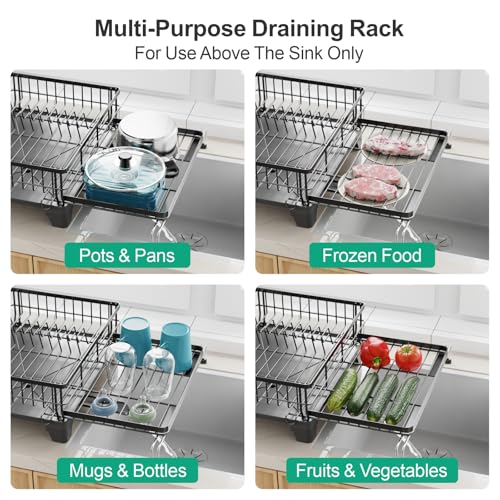GSlife Expandable Dish Drying Rack for Kitchen Counter, Large Capacity 2-in-1 Rust Resistant Dish Drainer with Swivel Spout and Pull Out Over Sink Extension, 16.7" W x 12.6"-22.4" L, Black