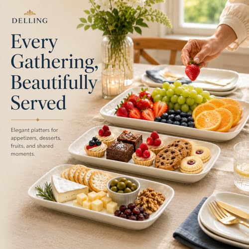 DELLING Large Serving Platter Set of 3, 16/14/12 Inch Porcelain Serving Trays for Party - White Ceramic Rectangular Platters for Entertaining, Appetizer Fruit Tray for Father's Day Shower Dinner