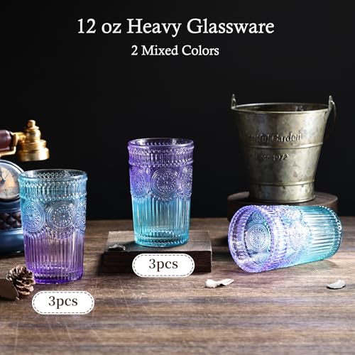Loivttvv 6pcs Vintage Drinking Glasses Set, 12 oz Glass Cups, Embossed Ribbed Glassware Drinking Glasses for Cocktail, Water, Juice, Coffee, Whiskey