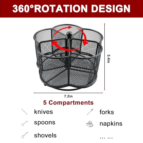 Business King 360° Rotating Silverware Utensil Caddy Holder - 5 Compartment Whirling Utensil Holder Kitchen Countertop Organizer for Spoon Fork Flatware Storage for Home or Outdoor Picnic Camping