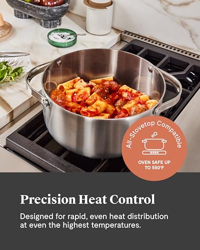 Caraway Stainless Steel Dutch Oven (6.5 Qt) & Steamer - 5-Ply Stainless Steel - Oven Safe & Stovetop Agnostic - Non Toxic, PTFE & PFOA Free
