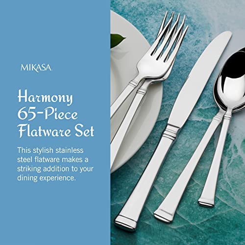 Mikasa Harmony Silverware Set for 12, 65-Piece 18/10 Stainless Steel Flatware Set with Flared Handles, Dishwasher Safe Cutlery Set, Elegant Dining Utensils
