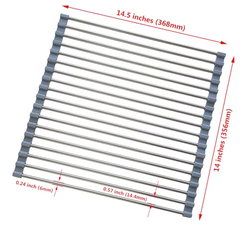 D DrNeeko Roll Up Dish Drying Rack, Stainless Steel and Silicone Dish Drying Mat Over The Sink Foldable Drain Rack Multipurpose Dish Drainer for Kitchen, 14.5” x 14”, Gray