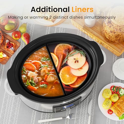 SUNVIVIPRO Programmable Slow Cooker, Multi-Cooker with 2 in 1 Silicone Slow Cooker Liners, 6 QT Food Warmer with Digital Timer, 3 Adjustable Temp & Dishwasher Safe Parts, Stainless Steel, Silver