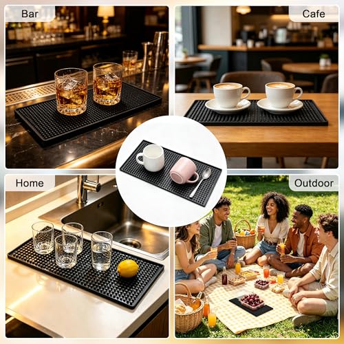 XieNie Bar Mat, 6" x 12" Black Small Coffee Mat for Home Bar Kitchen Countertop, Non-Slip Service Spill Mat for Cocktail Bartender Accessories, PVC Counter Top Cup Glasses Drying Mats, 1Pac