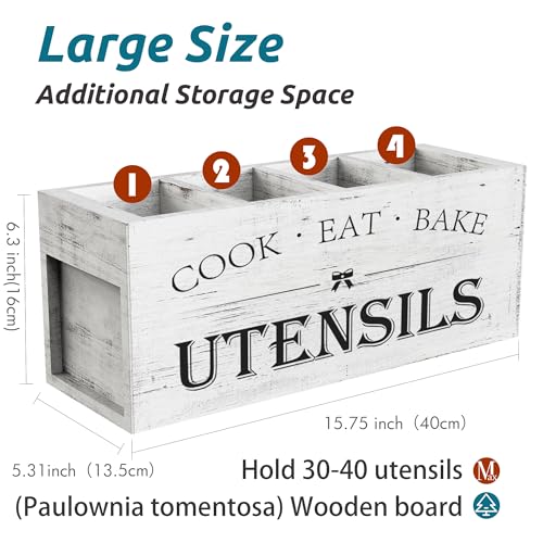 Suli Extra Large Kitchen Utensils Holder with 4 Compartments, Wooden Utensil Organizer for Kitchen Countertop, Farmhouse Decor, Rustic Cooking Utensil - White grain