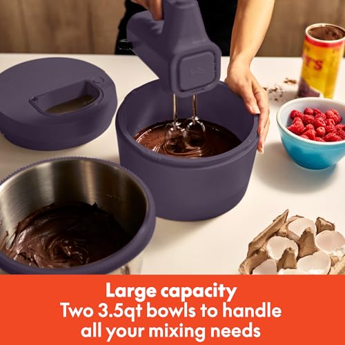 bella 3.5 Qt Hand & Stand Mixer, 2 in 1 Electric Mixer with Bowl, Dough Hook, Whisk & Egg Beater, Multifunctional Handheld Mixer for Baking, 200 Watt, Plum