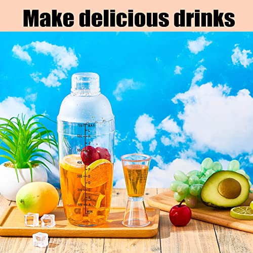 Suclain 8 Pack Plastic Cocktail Shaker Set 6 Pcs 24 oz Hand Drink Mixer Boba Tea Shaker Cup with Scales 2 Pcs Double Measuring Jigger Clear Bottle Tea Drink Mixer Cocktail Cup for Kitchen Bar Party