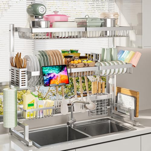 ADBIU Luxurious 304 Stainless Steel Over Sink Dish Drying Rack (Suitable for Sink Length 26.3"- 37.4") Snap-On Design 2 Tier Large Kitchen Dish Rack Stainless Steel Counter Organization and Storage