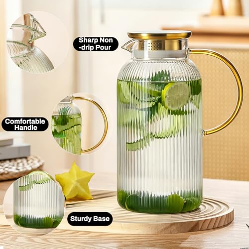 Buaic 2 PACK Glass Pitcher with Lid, 68 oz/ 2L Glass Water Pitcher