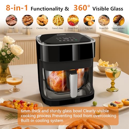 Glass Air Fryer 4.5 Qt, Non-Toxic Borosilicate Glass Basket with 360° View, Upgraded Food-Grade Stainless Steel Tray, 8-in-1 One-Touch Presets, Teflon-Free & Dishwasher Safe, Black
