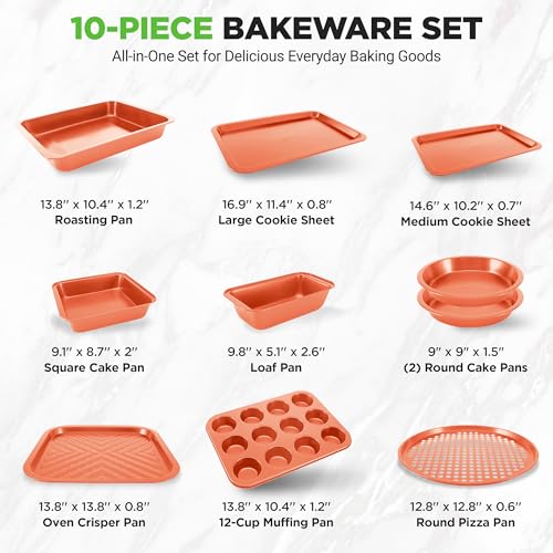 NutriChef 10-Piece Oven Baking Pans Set - Deluxe Carbon Steel Bakeware Set with Non-stick Gray Coating Inside and Out, Dishwasher Safe & PFOA, PFOS, PTFE Free