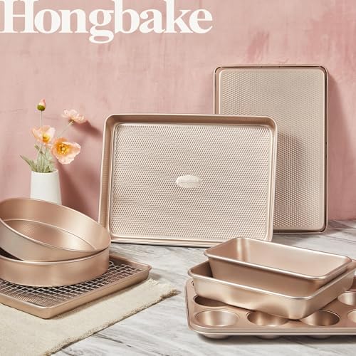 HONGBAKE 9-Piece Baking Pans Set Nonstick, Stackable Non Toxic Bakeware Sets with Diamond Texture, Oven Pan Set for Cooking, Includes Cookie Sheet with Rack, Cake Pan, Roasting Pan, Muffin Tin, Gold