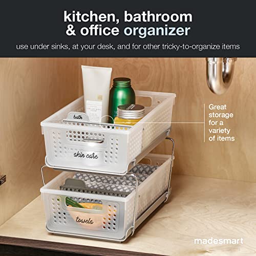 madesmart 2 Tier Bath Organizer, Undersink Storage with Sliding Drawers, for Cleaning Supplies, Pantry, Sponges, Bottles & Kitchen Essentials, Adjustable Dividers & Pull Out Sliding Baskets, Frost