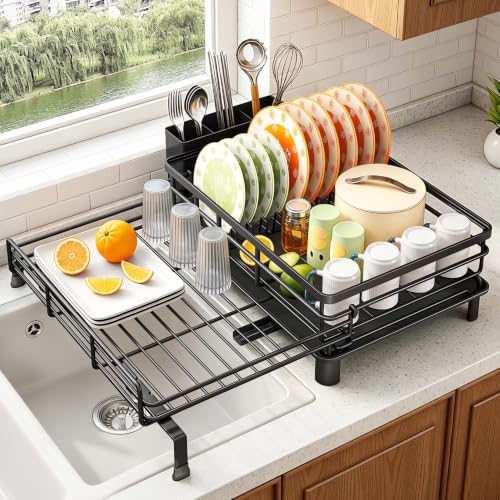 SAYZH Expandable Dish Drying Rack for Kitchen Counter, Metal, Black