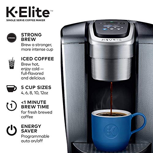 Keurig C K-Elite Maker, Single Serve K-Cup Pod Brewer, with Iced Coffee Capability, Extra Included, 75oz, Brushed Silver Plus Filter Bundle