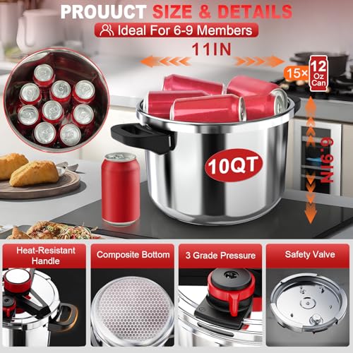 18/8 Stainless Steel Pressure Cooker 10 Quart, [One-Hand Locking] Pressure Cooker, [3-In-1] Olla de Presion, Induction Compatible, Gas Stovetop Compatible,Includes Glass Lid & Steamer Rack