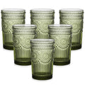 ZMOWIPDL Vintage Glassware Drinking Glasses Set of 6,13 oz Green Textured Flower Design Glass Water Tumblers，Embossed Striped Drinkware for Water,Cocktails,Juice,Iced Coffee