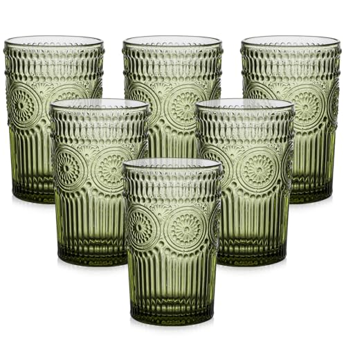 ZMOWIPDL Vintage Glassware Drinking Glasses Set of 6,13 oz Green Textured Flower Design Glass Water Tumblers，Embossed Striped Drinkware for Water,Cocktails,Juice,Iced Coffee