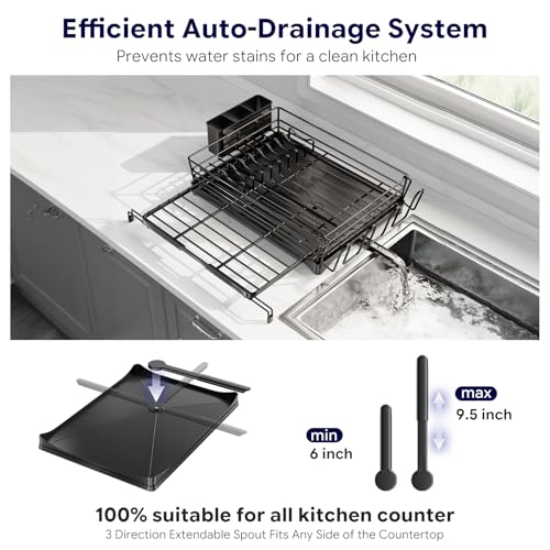 Simple Trending Dish Rack - Expandable Dish Drying Rack for Kitchen Counter, Large Capacity Dish Drainers, Stainless Steel Dish Strainer with Utensil & Cup Holders, Black