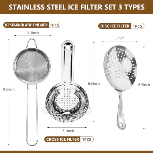 Cocktail Strainer-Stainless Steel Bar Tools Bartender Cocktail Strainer Set:Hawthorne Strainer,Julep Strainer and Conical Fine Mesh Strainer (Silver)