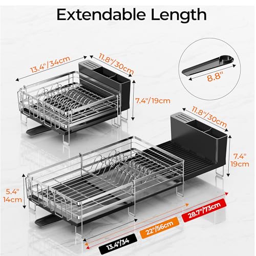 Delamu Stainless Steel Dish Drying Rack, Expandable Dish Drainer, Anti-Rust Large Dish Racks for Kitchen Counter, Dish Strainers with Drainboard, Utensil & Cup Holder, 13.4"-28.7" L x 11.8" W, Silver
