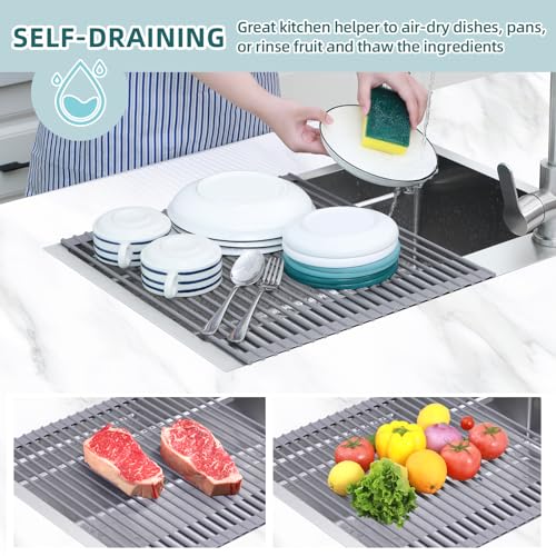 Ohuhu Over Sink Dish Drying Rack Silicone Wrapped 17.6" W x 15.4" L Large Over the Sink Roll Up Dish Drainer - Foldable Sink Drying Rack Rolling Drain Mats Anti-Slip Multipurpose for Kitchen Counter