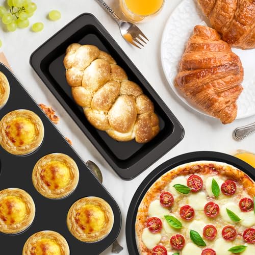 CasaCulina Baking Pans Set, 5-Piece Nonstick Bakeware Sets with Round/Square Cake Pan, Muffin Loaf Roast Pan, Baking Sheets for Oven, Kitchen Cookware Sets Baking Tray Baking Supplies, Black