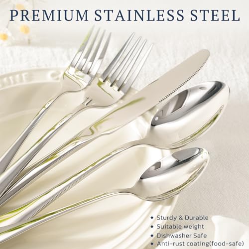 Astercook Silverware Set with Steak Knives 24-Piece Flatware Set for 4 Food-Grade Stainless Steel Cutlery Set Mirror Polished Utensils Set Include Spoons and Forks for Home Kitchen Restaurant