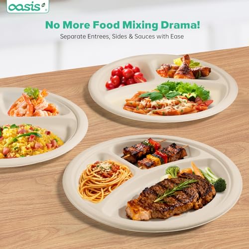 OasisSN 𝟭𝟬 𝗶𝗻𝗰𝗵, 𝟭𝟮𝟴-𝗣𝗮𝗰𝗸 3-Compartment Disposable Paper Plates, Compostable Heavy-Duty Divided Plates for Meal Prep, School Lunches & Party Buffets (Natural)
