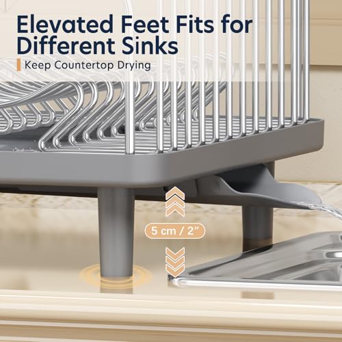 Stainless Steel Dish Drying Rack - Large Capacity Dish Rack for Kitchen Counter with Drain Board, Rustproof Dish Drainer with Auto Drain Spout Utensil Holder Glass Holder, Dinnerware Organizer, Gray