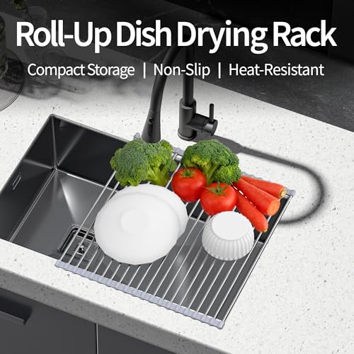 Yohslqo Roll Up Dish Drying Rack for Sink, Over Sink Dish Rack 17 x 15.7 Inch, Silicone Stainless Steel Dish Drainer for Kitchen Counter, BPA Free Utensil Drying Rack, Gray