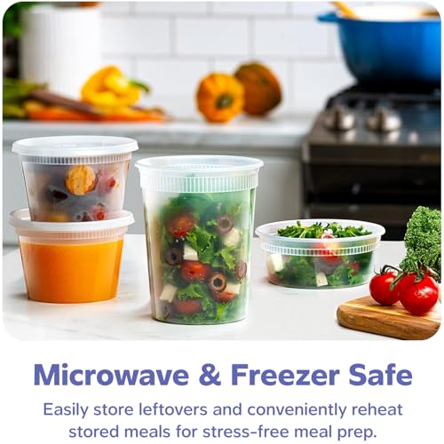 GUSTO To Go Food Containers with Lids [8 oz, 16 oz, 32 oz - 48 Count] - Deli Plastic Food Storage Containers with Lids for Meal Prep, Leftovers, and Freezer Storage - Formerly Comfy Package