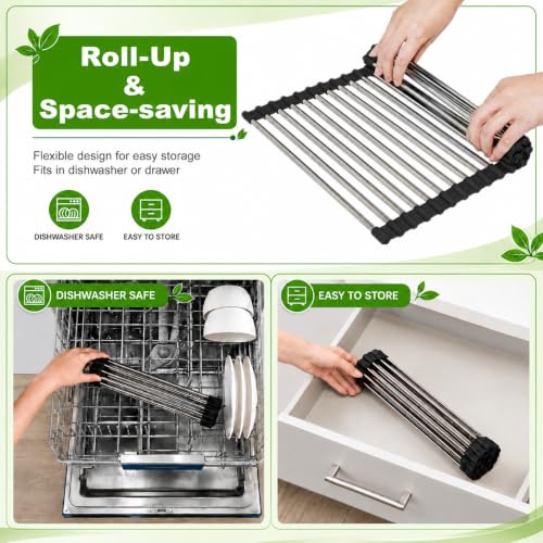 CHIRISEN Expandable Roll Up Dish Drying Rack Over the Sink Drying Rack for Kitchen Counter, Large Stainless Steel Dish Drainer Over Sink Dish Drying Rack Foldable, Collapsible, 21.14''x12'', 18Tube