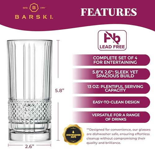 Barski Highball Glass - Drinking Glasses - Set of 4 - Hiball Tumblers - Glass Crystal Tumbler - for Water, Juice, Beer, Mixed Cocktails, Mojito Glass, Tom Collins Bar Glassware, 13 oz, Made in Europe