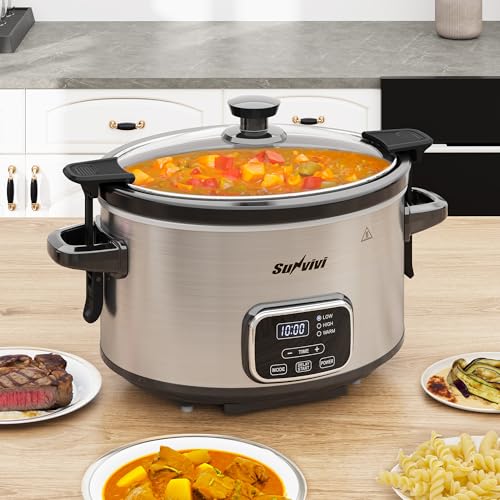 SUNVIVIPRO 4QT Programmable Slow Cooker with Removable Ceramic Pot, Locking Lid, 3 Heating Settings & Timer, Dishwasher-Safe, Stainless Steel Silver