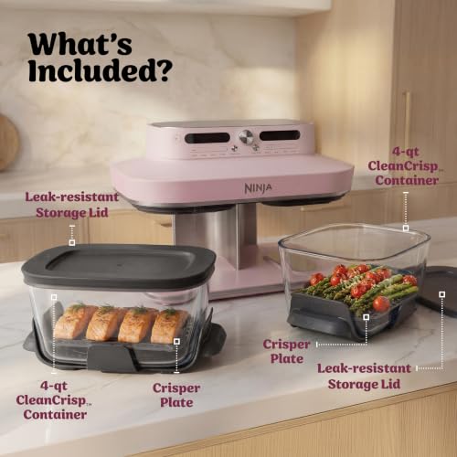 Ninja Crispi DualZone 6-in-1 Glass Air Fryer | With Nontoxic, 2x 4qt Containers & Lids | Microwave, Freezer, Dishwasher Safe | 450°F Max Temp | 1785 Watt | Rose Quartz | DD101PK1