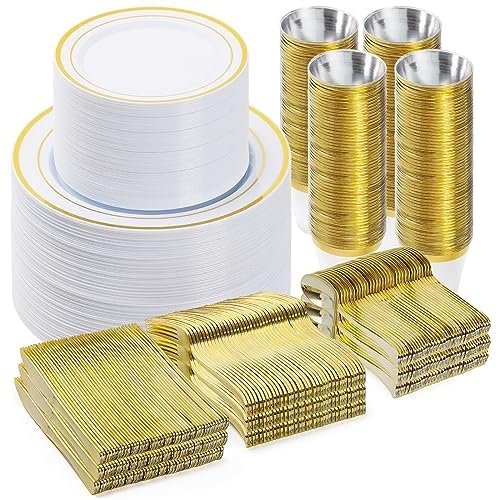 BESTVIP 600PCS Gold Dinnerware Set for 100 Guests, Plastic Plates for Party, 100 Gold Disposable Plates, 100 Dessert