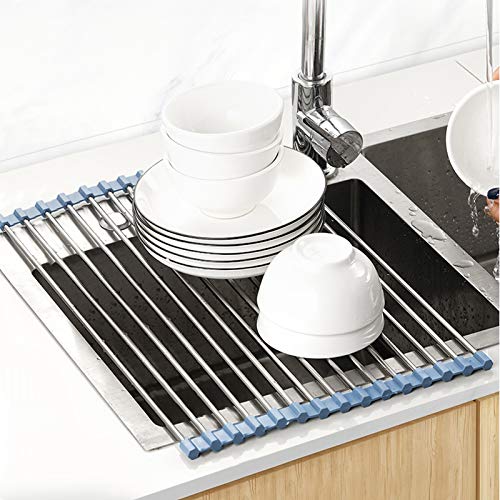 MECHEER Over The Sink Dish Drying Rack, Roll Up Dish Drying Rack Kitchen Dish Rack Stainless Steel Sink Drying Rack, Foldable Dish Drainer, 17.5''x11.8''