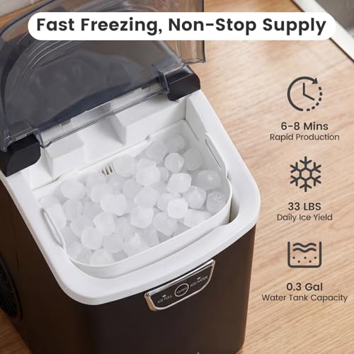 COSTWAY Nugget Ice Maker Countertop with Handle, 33 Lbs/24H Soft Chewable Ice, Ready in 6 Mins, Auto-Cleaning, Audible Ice Full Alarm, Portable Sonic Ice Machine for Home Kitchen Office, Black