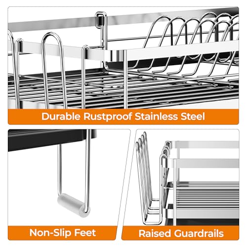 Delamu Stainless Steel Dish Drying Rack, Expandable Dish Drainer, Anti-Rust Large Dish Racks for Kitchen Counter, Dish Strainers with Drainboard, Utensil & Cup Holder, 13.4"-28.7" L x 11.8" W, Silver
