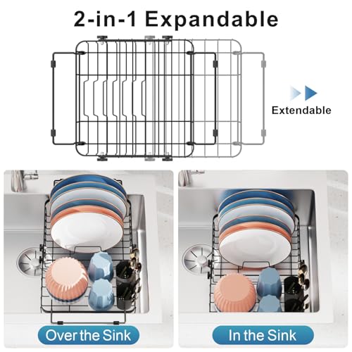 iSPECLE Dish Drying Rack Over the Sink, Expandable Dish Drainer for Small Kitchen, Apartment, RV, Dish Strainer with Utensil Holder and Twist-Lock, Space Saving, Black