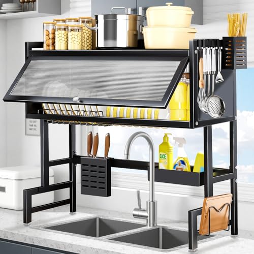 XDTIME Over the Sink Dish Drying Rack – 3 Tier with Cover, Space-Saving Dish Drainer Organizer for Dishes, Glasses, Bowls & Cutlery, Tidy Kitchen Counter Storage Solution